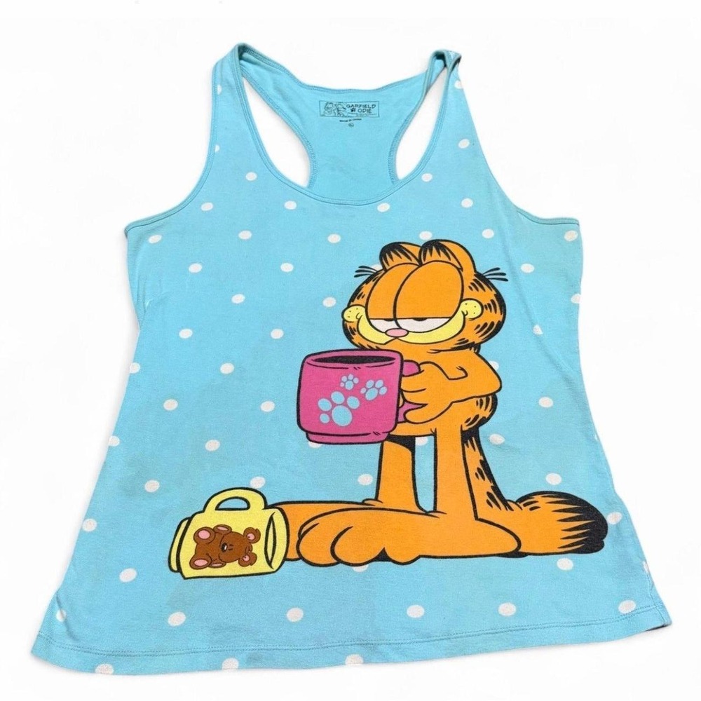 Garfield Odie Coffee Powered Women's XL Racerback Tank Top Blue Polka Dot Y2K
